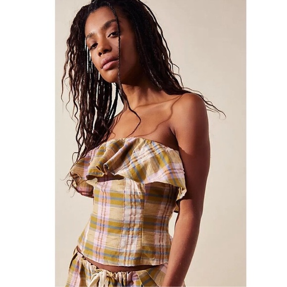 NEW Free People Whitley Plaid Strapless tie back crop top blouse women size S - Picture 2 of 4